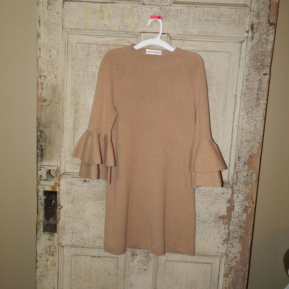Anthropologie Claudette Ruffled Sweater Dress Tan Gold Metallic Size XS BB-25